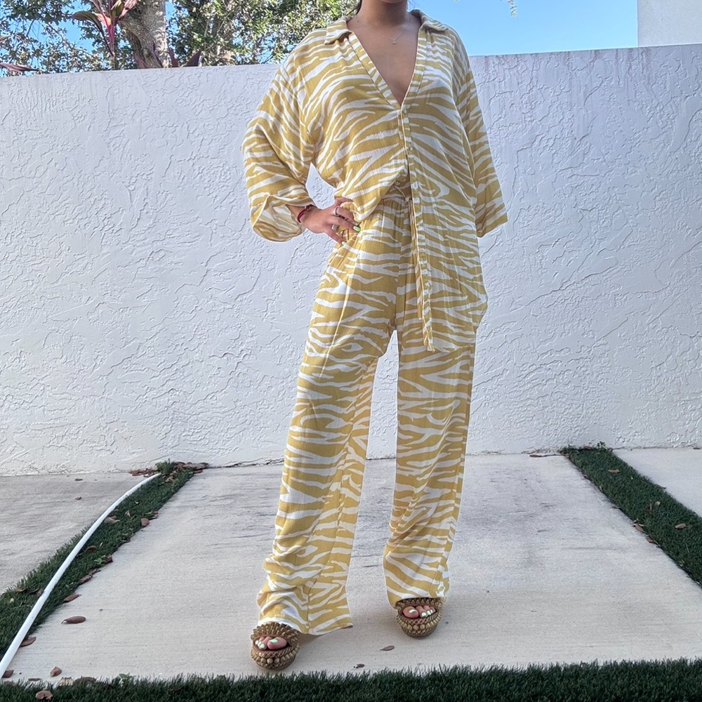 Charlie Holiday Yellow Zebra Striped Pants & Button up Blouse